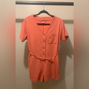 Old Navy Short Sleeve Crosshatch Romper Pockets Cotton Peach Womens XS